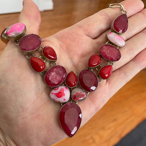NEW Gorgeous Raw Ruby, Coral, & Quartz Sterling Silver Necklace/Ruby Earrings - Picture 2 of 10